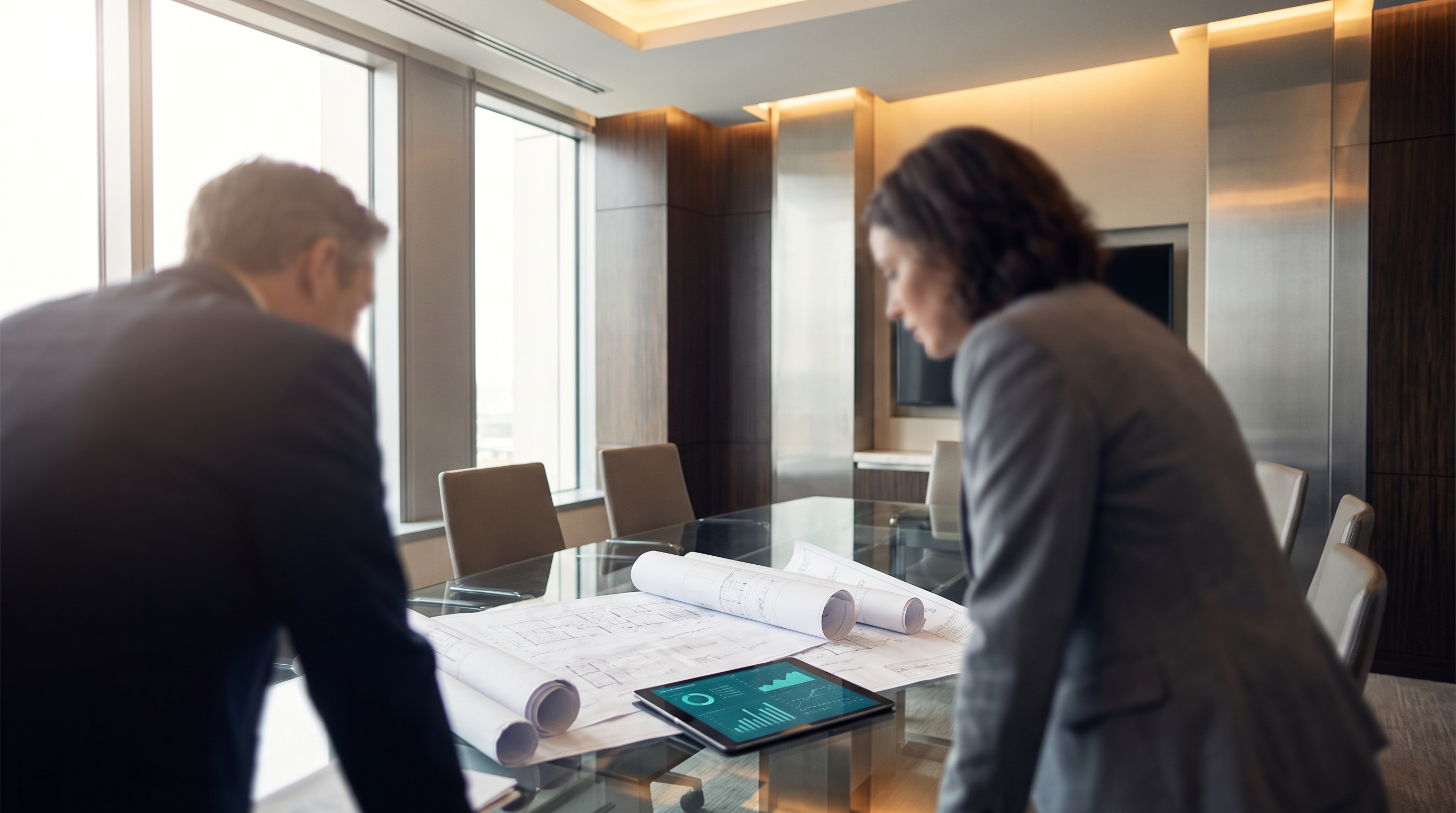 A Jiason engineer reviewing an integration blueprint on a tablet with a partner