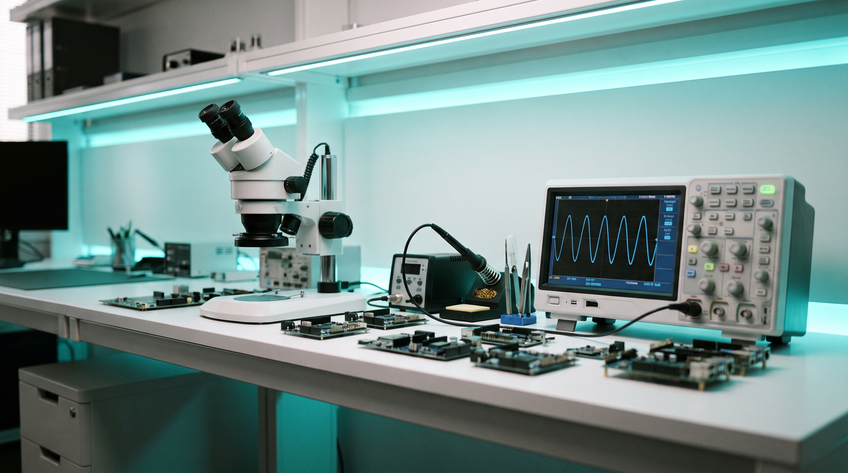 Jiason engineering workspace with a smart-home hub prototype on a test bench